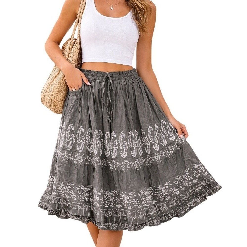 Belma New York Gray Rayon Boho Floral Feather Print Midi Skirt OS Made in India